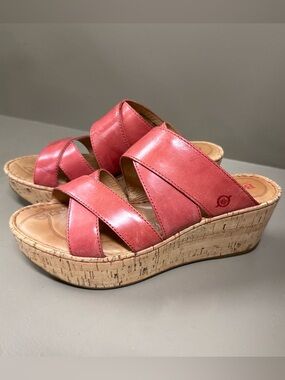 Born Coral Leather Cork Wedge Slide Sandals - Comfortable & Classy
